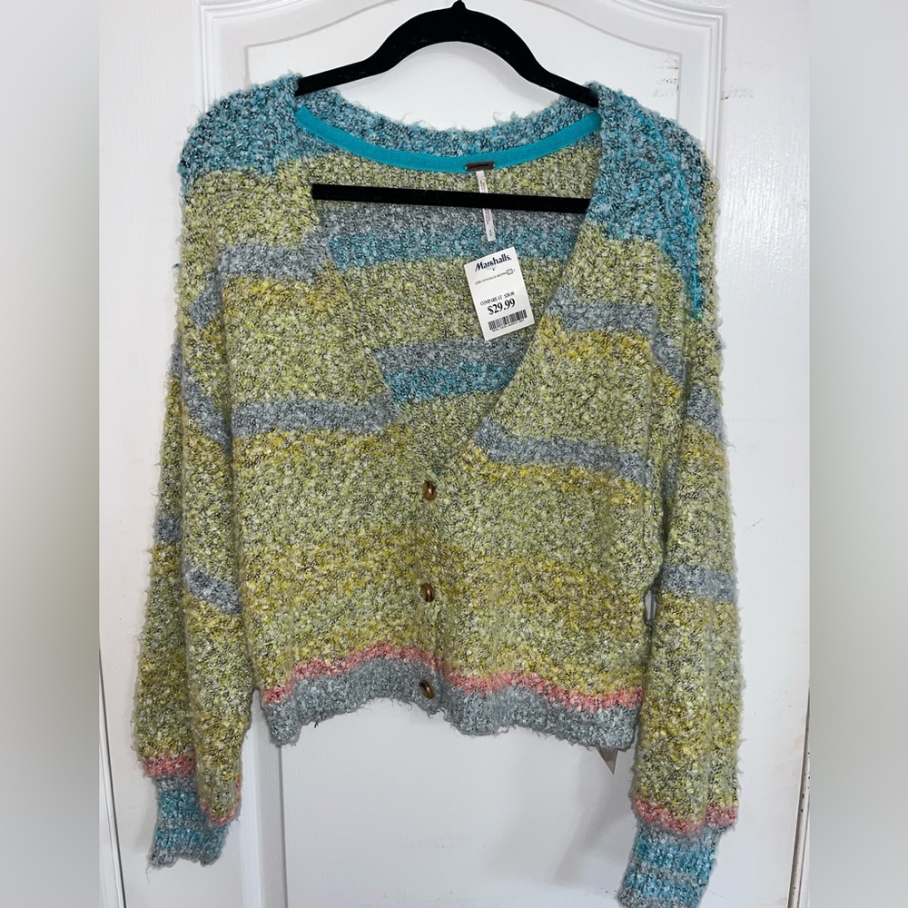 Free People Cropped Oversized Multi-colored Button Down Sweater NWT — S